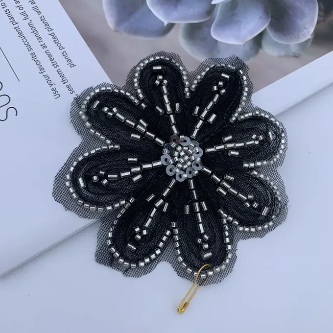 Black beaded flower appliqué · MET-4004 — product view